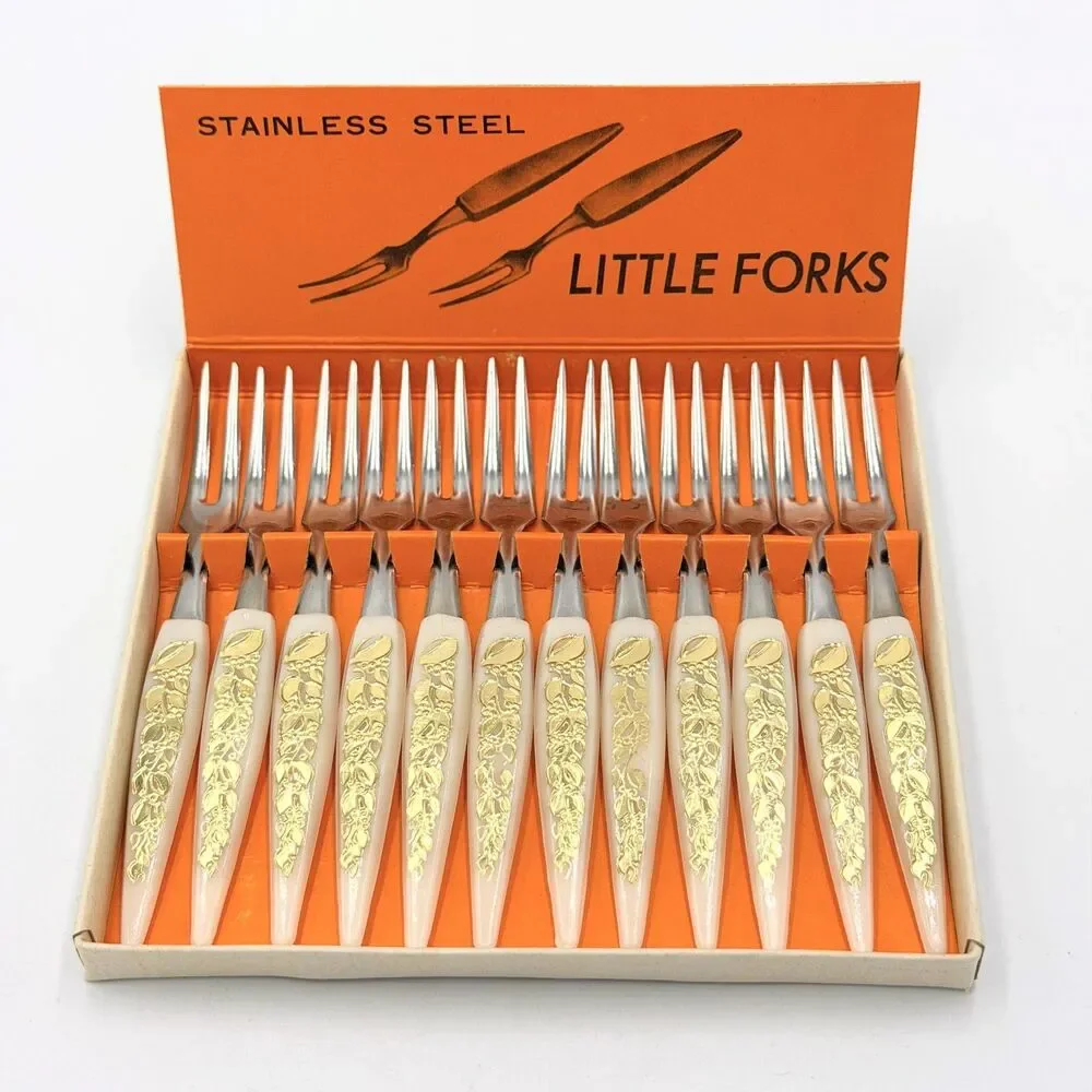 Vintage Set of 12 Stainless Steel Little Forks Cocktail Appetizer Picks Gold